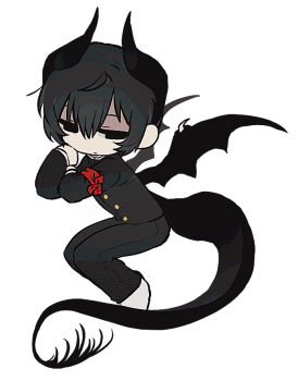 1girl allsu_official armband black_eyes black_hair black_wings commentary deformed dragon_girl dragon_horns dragon_tail dragon_wings empty_eyes english_commentary full_body gakuran horns looking_at_viewer original red_armband reverse_trap school_uniform short_hair simple_background solo tail white_background wings