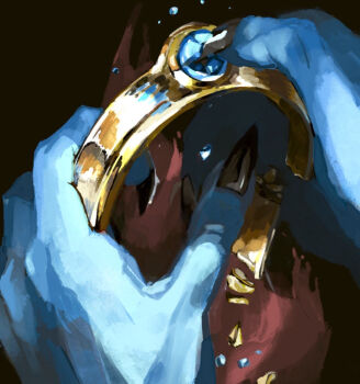 Rule 34 | 1boy, black nails, blue skin, breaking, broken, circlet, colored skin, commentary request, crack, crushing, dragon quest, dragon quest iii, fingernails, gold circlet, grey background, no humans, object focus, roto (dq3), sharp fingernails, tftf649e, torn clothes, unworn headwear, zoma