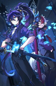 2boys absurdres black_hair blue_eyes collared_shirt cross-shaped_pupils dragon_horns hands_in_pocket highres horns katana kurotobi_(p&amp;d) kuuron_(moesann17) looking_at_viewer male_focus multicolored_hair multicolored_vest multiple_boys necktie ponytail puzzle_&amp;_dragons red_hair scabbard sheath sheathed shirt smile suou_(p&amp;d) sword sword_on_back symbol-shaped_pupils tail tail_ornament teeth unsheathing weapon weapon_on_back white_hair white_necktie