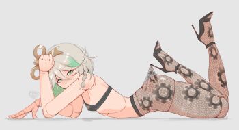 1girl absurdres alternate_costume black_bra black_pantyhose black_shoes bra breasts cecilia_immergreen commentary doll_joints english_commentary frantic_(frantickohi) green_eyes green_hair grey_background grey_hair hair_ornament high_heels highres hololive hololive_english joints lace_pantyhose_hooked_on_heel_(meme) looking_at_viewer lying medium_hair meme on_stomach pantyhose shoes simple_background small_breasts solo underwear variant_set virtual_youtuber winding_key