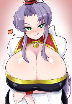 1girl :q apron armlet blush bouncing_breasts breasts cleavage covered_erect_nipples crossed_arms cynthia_(ys) dress eye_contact eyeshadow falcom female_focus green_eyes hat huge_breasts imminent_paizuri jewelry large_breasts lips lipstick long_hair long_skirt looking_at_another looking_at_viewer makeup merchant mini_hat motion_lines naughty_face necklace nipples norori paizuri_invitation pendant pov puffy_sleeves purple_hair ribbon short_sleeves skirt smile sweat tongue tongue_out ys