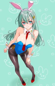 1girl absurdres alternate_costume animal_ear_hairband animal_ears aqua_eyes aqua_hair bare_shoulders between_breasts black_pantyhose blue_leotard blush breasts cleavage commentary_request detached_collar fake_animal_ears full_body hair_between_eyes hair_ornament hairband hairclip highres kantai_collection large_breasts leotard long_hair looking_at_viewer necktie necktie_between_breasts nitamako_(sakamalh) pantyhose playboy_bunny rabbit_ear_hairband rabbit_ears red_necktie side-tie_leotard smile solo strapless strapless_leotard suzuya_(kancolle) white_wrist_cuffs wrist_cuffs