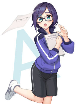 1girl a-chan_(3rd_costume)_(hololive) a-chan_(hololive) a-chan_(off-work)_(hololive) bangs_pinned_back black-framed_eyewear black_hair blue_eyes blue_jacket glasses highres hololive jacket looking_at_viewer official_alternate_costume open_mouth paper_stack rotix semi-rimless_eyewear shoes short_hair shorts sneakers solo under-rim_eyewear virtual_youtuber white_shoes