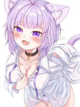1girl :3 :d absurdres ahoge animal_ears black_collar blush breasts cat_ears cat_girl cat_tail cleavage collar fang highres hololive large_breasts long_hair medium_hair neck_ribbon nekomata_okayu nekomata_okayu_(oversized_shirt) open_mouth panties purple_eyes purple_hair purple_ribbon ribbon shiratori_(atfs8447) shirt skin_fang sleeves_past_wrists smile solo tail underwear virtual_youtuber white_panties white_shirt