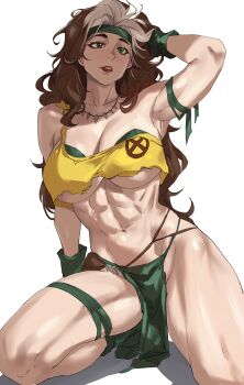 1girl abs absurdres arm_behind_head bra bra_peek breasts brown_hair commentary_request gloves green_eyes green_gloves green_headband green_loincloth hand_in_own_hair headband highres jewelry kneeling large_breasts loincloth marvel multicolored_hair muscular muscular_female navel necklace official_alternate_costume parted_lips rogue_(x-men) simple_background solo stomach strapless strapless_bra taiyang_yu thighs tooth_necklace torn_clothes two-tone_hair underwear white_hair x-men