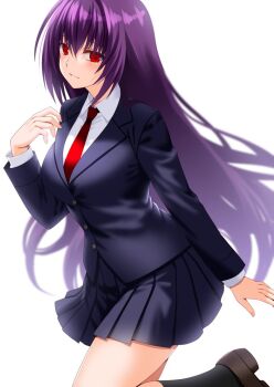 1girl blue_jacket blue_skirt blush breasts collared_shirt engo_(aquawatery) fate/grand_order fate_(series) highres jacket large_breasts long_hair long_sleeves looking_at_viewer necktie purple_hair red_eyes scathach_(fate) school_uniform shirt skirt smile solo thighs white_shirt