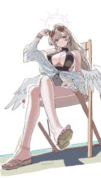 1girl adjusting_eyewear angel_wings anklet aviator_sunglasses bangle bare_shoulders black_one-piece_swimsuit blonde_hair blue_archive bracelet breasts brown_eyes casual_one-piece_swimsuit center_opening cleavage cleavage_cutout closed_mouth clothing_cutout covered_navel crossed_legs dot_nose earrings eyewear_on_head feathered_wings from_below halo halterneck highres hoop_earrings india_boots2 jewelry large_breasts long_hair long_sleeves looking_at_viewer low_wings nagisa_(blue_archive) nagisa_(swimsuit)_(blue_archive) off_shoulder official_alternate_costume official_alternate_hairstyle one-piece_swimsuit ponytail print_shirt sandals shirt simple_background sitting smile solo sunglasses swimsuit swimsuit_under_clothes tied_shirt tinted_eyewear white_background white_shirt wings