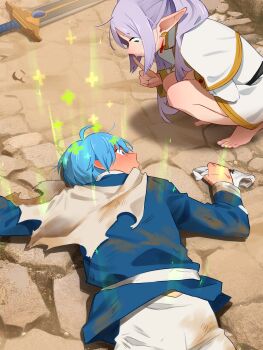 1boy 1girl absurdres ahoge barefoot belt blue_eyes blue_hair blue_shirt blush capelet commentary dirty dirty_clothes earrings elf english_commentary finger_to_mouth frieren green_eyes healing highres himmel_(sousou_no_frieren) holding holding_panties holding_underwear holding_unworn_clothes index_finger_raised jewelry khyle. long_hair long_sleeves looking_at_another lying on_ground on_stomach panties pants pointy_ears shirt shushing skirt sousou_no_frieren squatting sweat sword torn_clothes underwear very_long_hair weapon white_capelet white_panties white_pants white_skirt