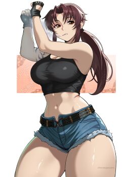 1girl arms_up bare_arms belt black_gloves black_lagoon black_tank_top blue_shorts breasts brown_eyes brown_hair cigarette cleavage commentary commentary_request curvy cutoffs fingerless_gloves gloves harutoyumaarts highres large_breasts long_hair looking_at_viewer micro_shorts muscular muscular_female navel ponytail revy_(black_lagoon) short_shorts shorts sidelocks smoking solo stomach tank_top tattoo thick_thighs thighs white_background