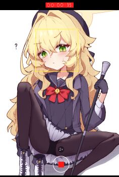 1girl ? absurdres black_dress black_gloves black_hat black_panties black_pantyhose black_sailor_collar blonde_hair blue_archive boots cane closed_mouth dress gloves green_eyes halo hat highres hrnt loli long_hair looking_at_viewer panties panties_under_pantyhose pantyhose professor_niyaniya_(blue_archive) recording sailor_collar sailor_dress simple_background sitting solo underwear wavy_hair white_background white_boots yellow_halo