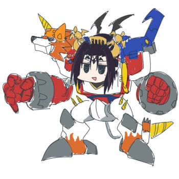 digimon digimon_(creature) drill fusion happy horns lilithmon mark_of_evil shoutmon_x3 smile tail what why