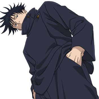 1boy black_eyes black_hair commentary cowboy_shot english_commentary from_below fushiguro_megumi gakuran gold_buttons hands_in_pockets high_collar highres jujutsu_kaisen male_focus school_uniform short_hair solo spiked_hair v0idzenin white_background