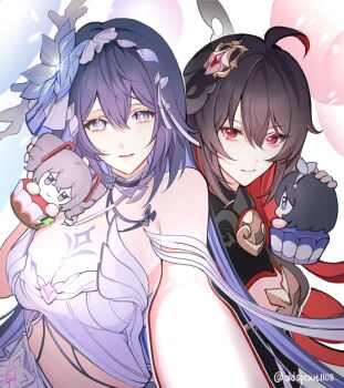 2girls ahoge black_hair blue_eyes blue_hair breast_tattoo breasts bronya_zaychik cleavage colored_inner_hair cupcake dress dual_persona flower food hair_flower hair_ornament hashtag-only_commentary highres honkai_(series) honkai_impact_3rd large_breasts long_hair multicolored_hair multiple_girls oldsprout1108 red_eyes red_hair seele_(alter_ego) seele_vollerei seele_vollerei_(herrscher_of_rebirth) seele_vollerei_(starchasm_nyx) smile tattoo twitter_username two-tone_hair very_long_hair white_dress