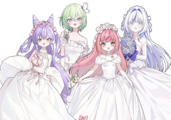 4girls :o absurdres aokumo_rin aqua_eyes arm_at_side blue_eyes blue_flower blue_rose blush bouquet bow breasts butterfly_hair_ornament choppy_bangs cleavage collarbone commentary_request double-parted_bangs dress dress_bow dress_ribbon earrings elppi flower frilled_gloves frills gloves green_eyes green_hair grey_hair hair_between_eyes hair_intakes hair_ornament hanako_nana hand_on_own_chest head_wreath heterochromia highres holding holding_bouquet jewelry korean_commentary long_bangs long_hair looking_at_viewer multicolored_hair multiple_girls open_mouth pink_bow pink_hair pink_ribbon purple_hair ribbon rose short_hair simple_background skirt_hold sleeveless sleeveless_dress smile standing stellive straight_hair strapless strapless_dress streaked_hair tenko_shibuki very_long_hair virtual_youtuber wedding_dress white_background white_dress white_gloves white_headdress wispy_bangs yuri yuzuha_riko