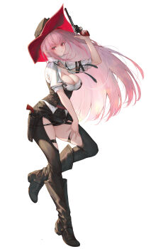 1girl absurdres arm_up black_choker black_footwear black_necktie black_shorts blunt_bangs bolo_tie boots breasts chaps choker cleavage clothing_cutout collarbone collared_shirt commentary cowboy_boots cowboy_hat cowboy_western full_body gun handgun hat highres holding holding_gun holding_weapon hololive hololive_english holster holstered ijac_ray large_breasts long_hair looking_at_viewer mori_calliope mori_calliope_(sheriff) necktie parted_lips pink_hair puffy_short_sleeves puffy_sleeves red_eyes revolver sheriff_badge shirt short_shorts short_sleeves shorts sidelocks simple_background standing thigh_boots thigh_cutout thigh_strap virtual_youtuber weapon white_background white_shirt