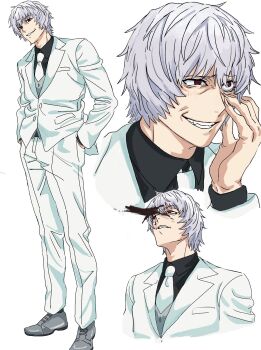 1boy bags_under_eyes blush coffee fangs fate/strange_fake fate_(series) fingernails hands_in_pockets highres jacket jester_karture long_fingernails male_focus multiple_views necktie open_mouth pants red_eyes rueisi_(namezari) shirt short_hair simple_background smile solo_focus white_background white_hair