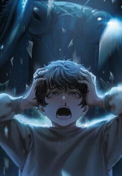 Rule 34 | 1boy, aegyo sal, backlighting, black eyes, black hair, blackbox (blackbox9158), blood, giant insect, glass shards, hand on own head, highres, lee gilyoung, looking at viewer, male focus, motion blur, nosebleed, official art, omniscient reader's viewpoint, praying mantis, screaming, shirt, short hair, tears, third-party source, white shirt, wide-eyed