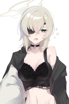 1girl absurdres black_bra black_choker blonde_hair blue_archive bra breasts carrying carrying_under_arm choker cleavage collared_shirt commentary_request eyepatch green_eyes halo highres lace lace_bra large_breasts lingerie looking_at_viewer medium_hair navel one_eye_covered open_clothes open_mouth open_shirt pillow pinstripe_pattern pinstripe_shirt sasa_fune shirt shirt_partially_removed simple_background single_bare_shoulder sleepy solo squeans stomach straight-on striped_clothes striped_shirt suou_(blue_archive) underwear upper_body vertical-striped_clothes vertical-striped_shirt white_background yawning yellow_halo