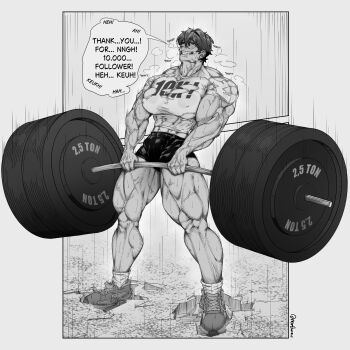 1girl abs absurdres barbell border crack cracked_floor deadlift glasses heavy_breathing highres muscular muscular_female nipples norutheze original rain round_eyewear shirt shoes short_hair shorts sneakers solo t-shirt thick_thighs thighs torn_clothes veins veiny_arms white_border