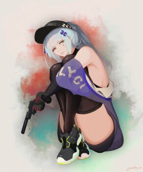 1girl absurdres baseball_cap black_gloves black_hat black_shoes black_thighhighs blue_hair full_body girls&#039;_frontline girls&#039;_frontline_2:_exilium gloves green_eyes gun hat highres hk416_(girls&#039;_frontline) holding holding_gun holding_weapon jacket klukai_(girls&#039;_frontline_2) long_hair looking_at_viewer nishibuya parted_lips ponytail purple_jacket shoes signature solo suppressor teardrop_facial_mark thighhighs weapon