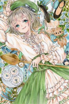 1girl aqua_eyes arm_behind_head book bottle brown_hair buttons chain commentary_request dress feathers flower fork frilled_dress frilled_sleeves frills green_hat hat herb high_heels highres hyaku_toori looking_at_viewer marker_(medium) open_book open_mouth original plate pocket_watch ribbon short_hair smile solo spoon string_of_pearls stuffed_animal stuffed_toy table teddy_bear traditional_media watch