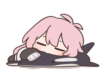 1girl baggy_clothes bloodymoonia chibi chibi_only closed_eyes highres indie_virtual_youtuber long_hair lying mumble_(shachimu) oversized_sweater pink_hair round_collar rounded_collar sleeping stuffed_orca sweater sweater_under_dress two-tone_sweater