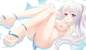 Rule 34 | 1girl, 9-nine-, :d, absurdres, ahoge, blue ribbon, blush, braid, breasts, cameltoe, circle name, commentary request, doruzou18, drop shadow, dutch angle, feet, floating hair, full body, green ribbon, grey hair, hair between eyes, hair ribbon, half-closed eyes, hand up, highres, knees together feet apart, knees up, legs, long hair, looking at viewer, medium breasts, naughty face, niimi sora, nipples, nude, open mouth, purple eyes, ribbon, sandals, second-party source, shiny skin, side ponytail, sidelocks, single braid, sitting, smile, solo, star (symbol), star symbol background, thighs, third-party edit, toenails, toes, underboob, v-shaped eyebrows, very long hair, white background