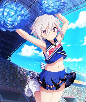 1girl ahoge armpits arms_up audience bare_arms bare_shoulders bleachers blue_shirt blue_skirt blue_sky breasts cheerleader clothes_writing cloud crop_top day dot_nose flag game_cg hair_between_eyes itomi_sayaka jumping looking_at_viewer loose_socks midair midriff miniskirt navel official_art outdoors parted_lips pom_pom_(cheerleading) purple_eyes purple_hair scoreboard shirt shoes short_hair skirt sky sleeveless sleeveless_shirt small_breasts sneakers socks solo_focus stadium third-party_source toji_no_miko toji_no_miko:_kizamishi_issen_no_tomoshibi white_shoes white_socks