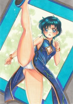 1girl ass bare_shoulders bishoujo_senshi_sailor_moon blue_dress blue_eyes blue_hair bracelet breasts cameltoe china_dress chinese_clothes cleavage cleavage_cutout clothing_cutout dress earrings fighting_stance gluteal_fold gold_bracelet gold_trim high_kick highres jewelry kicking marker_(medium) martial_arts mizuno_ami panties pelvic_curtain short_hair sleeveless small_breasts solo split standing standing_on_one_leg standing_split thick_thighs thighs tomoeri traditional_media underwear v-shaped_eyebrows white_panties