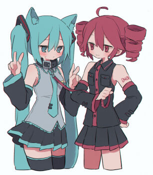 2girls ahoge animal_collar animal_ears aqua_eyes aqua_hair bare_shoulders black_shirt black_skirt black_sleeves black_thighhighs blush collar cropped_legs detached_sleeves dog_ears dog_girl drill_hair hair_ornament hatsune_miku highres holding holding_leash kasane_teto leash long_hair multiple_girls necktie red_eyes red_skirt ri_(qrcode) shirt simple_background skirt smile thighhighs tie_clip twin_drills twintails two-tone_skirt very_long_hair vocaloid white_background zettai_ryouiki