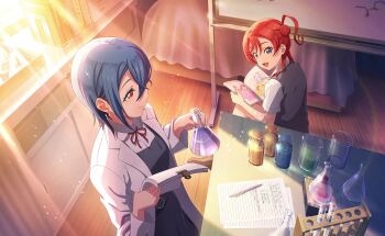 2girls beaker blue_eyes blue_hair blush book classroom closed_mouth coat collared_shirt cowboy_shot crossed_bangs curtains dress ear_piercing evening flask from_above game_cg grey_dress hair_between_eyes hair_bun hands_up highres holding holding_book holding_paper indoors jar lab_coat laboratory lens_flare light_particles light_rays liquid long_sleeves looking_at_another looking_to_the_side love_live! love_live!_school_idol_festival_2 love_live!_superstar!! multiple_girls neck_ribbon official_art open_book open_mouth orange_eyes paper paper_stack pen piercing pinafore_dress profile red_hair red_ribbon ribbon school_uniform shelf shirt short_hair short_sleeves single_side_bun sitting sleeveless sleeveless_dress smile standing string_tie summer_uniform sunbeam sunlight test_tube test_tube_rack wakana_shiki white_coat white_shirt whiteboard window yoneme_mei yuigaoka_school_uniform