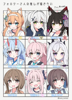 Rule 34 | 6+girls, ahoge, animal ears, black hair, blue archive, blue hair, brown hair, cat ears, character request, chise (blue archive), double bun, followers favorite challenge, fox ears, fox girl, hair bun, hare (blue archive), heterochromia, highres, hina (blue archive), hoshino (armed) (blue archive), hoshino (blue archive), mari (blue archive), mari (track) (blue archive), mika (blue archive), mika (track) (blue archive), multiple drawing challenge, multiple girls, pink hair, sateto (user knrf2332), smile, wakamo (blue archive), wakamo (swimsuit) (blue archive), white hair