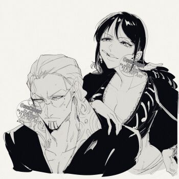 1boy 1girl cigarette closed_mouth commentary_request eyelashes facial_hair glasses goatee greyscale hair_slicked_back hand_on_own_hip highres long_hair monochrome one_piece ovasayuri scar scar_across_eye scar_on_face shakuyaku_(one_piece) silvers_rayleigh simple_background sweatdrop twitter_username