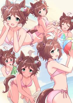 ahoge animal_ears ass ball bare_arms bare_shoulders beach beachball bikini blush breasts brown_hair cleavage closed_eyes closed_mouth collarbone commentary_request double_bun food funamori green_eyes hair_between_eyes hair_bun hair_ornament highres holding holding_ball holding_beachball holding_spoon horse_ears horse_girl horse_tail lying medium_breasts multiple_views navel ocean on_stomach open_mouth outdoors pink_bikini rhein_kraft_(umamusume) sand seashell shaved_ice shell sitting smile spoon stomach swimsuit tail umamusume wariza water