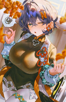 1girl alternate_breast_size_(larger) belle_(delicate_sunlight)_(zenless_zone_zero) belle_(zenless_zone_zero) black_dress blue_hair breasts commentary_request covered_navel dress green_eyes hair_ornament highres indol large_breasts letter_hair_ornament looking_at_viewer official_alternate_costume one_eye_closed open_clothes open_mouth open_shirt pantyhose short_hair solo spoken_squiggle squiggle white_pantyhose zenless_zone_zero