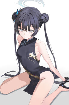 1girl bare_arms bare_legs bare_shoulders black_dress black_gloves black_hair blue_archive braid braided_base breasts bun_with_braided_base butterfly_hair_ornament china_dress chinese_clothes double_bun dragon_print dress gloves grey_eyes grey_halo hair_bun hair_ornament halo high_heels highres kisaki_(blue_archive) long_hair looking_at_viewer mandarin_collar pankou pelvic_curtain print_dress shiliu_xian_xian_xian side_slit simple_background sitting small_breasts solo twintails wariza white_background