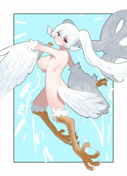 1girl absurdres animal_ears ass bird_ears bird_legs bird_tail blush breasts claws commentary_request feathered_wings feathers genkyopainting harpy highres large_breasts long_hair looking_at_viewer monster_girl nude original pink_eyes tail talons transformation twintails very_long_hair white_feathers white_hair white_wings wings