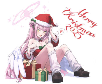 1girl :d absurdres bare_shoulders black_shoes blue_archive blush box breasts cleavage commentary_request dress feathered_wings gabang gift gift_box halo hat highres loafers long_hair looking_at_viewer loose_socks merry_christmas mika_(blue_archive) open_mouth panties pink_hair red_dress santa_hat shoes sitting smile socks solo underwear white_panties white_socks white_wings wings yellow_eyes