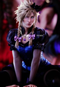 1boy 3d absurdres black_bow blonde_hair blue_dress blue_eyes blush bow braid cloud_strife crossdressing crossdressing_(mtf) dress final_fantasy final_fantasy_vii final_fantasy_vii_remake fishnet_armwear fishnet_legwear fishnets hair_between_eyes highres jewelry long_hair male_focus necklace official_alternate_costume parted_lips pink_bow sitting solarasona solo spiked_hair square_enix twin_braids wall_market