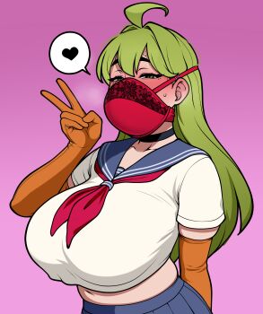 1girl absurdres ahoge blue_skirt blush bra breasts collarbone commentary elbow_gloves english_commentary gloves green_eyes green_hair heart highres huge_breasts jam-orbital long_hair looking_at_viewer midriff navel orange_gloves original pink_background pleated_skirt red_bra school_uniform serafuku shirt_overhang short_sleeves simple_background skirt solo speech_bubble spoken_heart underwear v