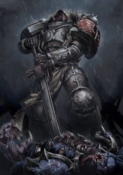 Rule 34 | 2boys, absurdres, adeptus astartes, after battle, armor, chaos space marine, corpse, dark angels, full armor, helmet, highres, holding, holding sword, holding weapon, hood, little sun, loincloth, looking at viewer, multiple boys, mutation, pauldrons, planted, planted sword, planted weapon, power armor, shoulder armor, sword, warhammer 40k, weapon