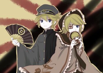 1boy 1girl absurdres blonde_hair blue_eyes bonnet closed_mouth doll expressionless eyepatch folding_fan frilled_bonnet frills furisode_sleeves hand_fan hat highres holding holding_doll kagamine_len kagamine_len_(ni_no_sakura_senbu) kagamine_rin kagamine_rin_(ni_no_sakura_kouchou) peaked_cap rising_sun_flag senbonzakura_(vocaloid) sunburst varinr vocaloid