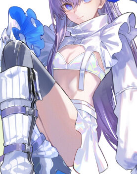 1girl blue_eyes boots bra breasts commentary_request fate/grand_order fate_(series) highres knee_boots knees_up long_hair long_sleeves looking_at_viewer meltryllis_(fate) poppoman prosthesis prosthetic_leg purple_hair shrug_(clothing) simple_background sitting skirt small_breasts smile solo underwear white_background