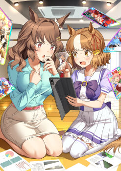3girls absurdres agnes_digital_(umamusume) ahoge almond_eye_(umamusume) animal_ears annotated back_bow belno_light_(umamusume) belt blue_eyes blue_shirt bow bowtie brown_hair commentary commission daiwa_scarlet_(umamusume) denim denim_shorts ear_ornament ear_ribbon frilled_skirt frills frown grey_hair hair_ornament hairclip hand_on_own_chin highres holding holding_tablet_pc horse_ears horse_girl horse_tail horseshoe_ornament indoors jacket koushikitarou_(oisiine8931) letter_hair_ornament light_hello_(umamusume) long_hair long_sleeves looking_at_another meta miniskirt multicolored_hair multiple_girls nervous_sweating oguri_cap_(umamusume) on_floor open_mouth orfevre_(umamusume) paper pencil_skirt pleated_skirt purple_bow purple_bowtie purple_shirt red_belt red_eyes red_jacket sailor_collar school_uniform seiza serafuku shirt short_hair short_sleeves shorts sitting skeb_commission skirt still_in_love_(scarlet_vow_raiment)_(umamusume) still_in_love_(umamusume) sweat sweatdrop tablet_pc tail thighhighs tracen_school_uniform tracen_training_uniform track_jacket trading_card two-tone_hair umamusume umamusume:_cinderella_gray white_hair white_sailor_collar white_skirt white_thighhighs wiping_sweat wooden_floor yellow_eyes