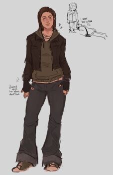 1girl bellspun black_gloves black_jacket brown_hair cry_of_fear doodle_inset fingerless_gloves full_body gloves grey_hoodie highres hood hood_down hoodie jacket looking_at_viewer shirt shoes simon_henriksson sneakers sophie_(cry_of_fear) standing wide-leg_pants