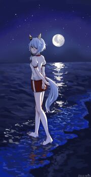 Rule 34 | 1girl, absurdres, animal ears, arms behind back, barefoot, beach, blue eyes, blue hair, blush, closed mouth, commentary request, ear covers, full moon, hair between eyes, highres, horse ears, horse girl, horse tail, k.s.miracle (umamusume), looking at viewer, moon, night, ocean, outdoors, red shorts, saramiao-chan, shirt, short hair, short sleeves, shorts, sky, smile, solo, star (sky), tail, umamusume, water, white shirt