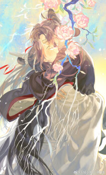 2boys black_hair black_hanfu branch brown_hair carrying carrying_person chinese_clothes chinese_commentary closed_eyes commentary_request couple diaomaoxiaoheidaoliangquanban falling_petals flower hair_ribbon hanfu headband high_ponytail highres hug lan_wangji leaf light_particles long_hair long_sleeves male_focus modao_zushi multiple_boys petals pink_flower ponytail profile red_ribbon ribbon robe sidelocks smile topknot very_long_hair watermark wei_wuxian weibo_watermark white_hanfu white_headband wide_sleeves xiao_guan_(headdress) yaoi