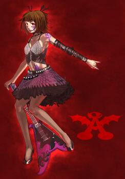 Rule 34 | 1girl, \n/, amami haruka, belt, brown hair, cheek tattoo, collar, commentary request, electric guitar, flower tattoo, gibson flying v, guitar, idolmaster, idolmaster (classic), instrument, lipstick, makeup, navel, purple nails, red background, red eyes, revision, sakamoto kengo, shoes, short hair, shoulder tattoo, simple background, skirt, snake tattoo, solo, stomach tattoo, tattoo