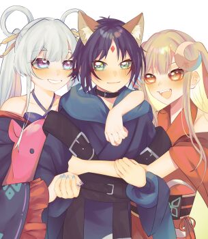 3girls absurdres animal_ear_fluff animal_ears bare_shoulders black_choker black_kimono blonde_hair blue_eyes blue_hoodie blue_nails cho_kaguya-hime! choker commentary crescent crescent_hair_ornament fangs forehead_jewel fox_ears green_eyes grey_hair grin hair_ornament hair_rings highres holding_hands hood hoodie hug hug_from_behind japanese_clothes kaguya_(cho_kaguya-hime!) kimono long_hair misapit multicolored_eyes multiple_girls open_mouth orange_eyes orange_kimono pink_eyes purple_hair purple_nails rabbit_ears runami_yachiyo sakayori_iroha short_hair simple_background smile symbol-only_commentary twintails two-tone_eyes upper_body white_background yuri