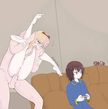 1boy 2girls blonde_hair blue_eyes blush bow brown_eyes brown_hair chrislu07 controller funami_yui game_controller grin hair_bow hetero highres holding holding_controller holding_game_controller indoors loli long_hair multiple_girls nude open_mouth pajamas pussy rape sex short_hair smile toshinou_kyouko yuruyuri